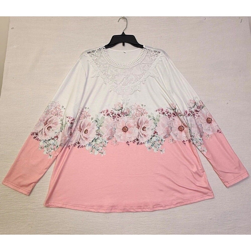 Women’s 3XL Pink Floral Lace Long Sleeve Top Tunic Shirt